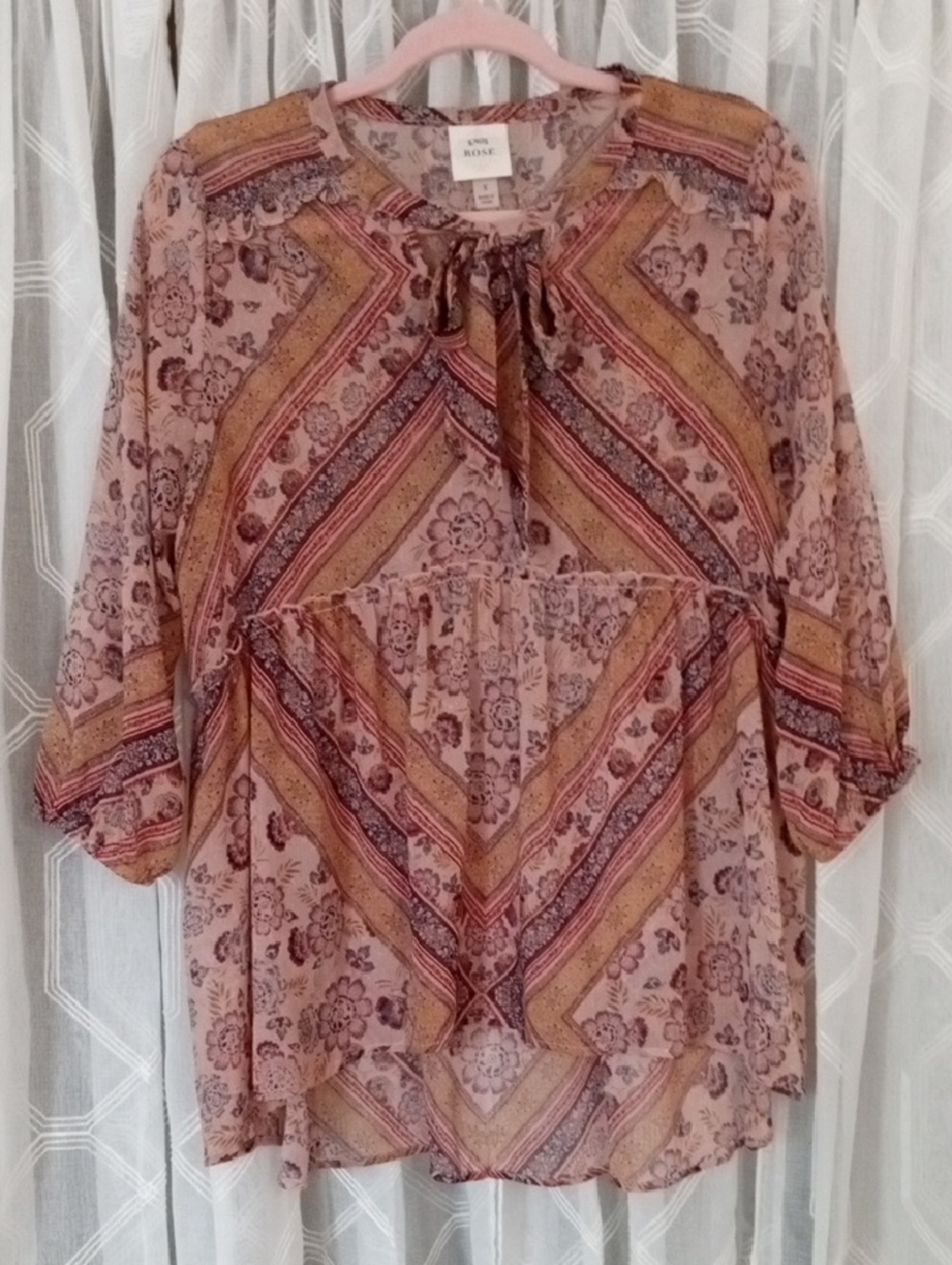 Knox Rose Pink Floral Boho Tie-Neck Peasant Blouse Size S 🌸